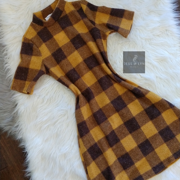 🆕 JAYME-Mustard/Brown Checkered Hi Neck Dress - Picture 5 of 8